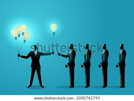 Business concept illustration of a businessman sharing knowledge to another businessmen symbolize by light bulb balloons