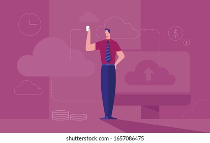 Business concept illustration of a businessman sits on cloud symbol working with laptop computer with binary numbers as the background.