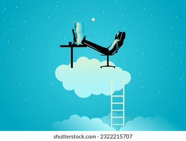 Business concept illustration of a businessman sits comfortably on top of the cloud, dream job, a pleasant working atmosphere concept