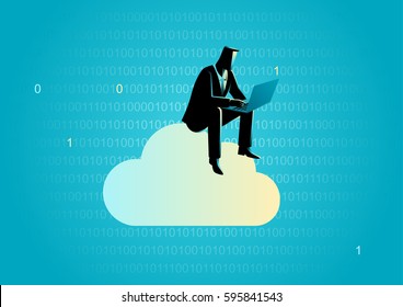 Business concept illustration of a businessman sits on cloud symbol working with laptop computer with binary numbers as the background