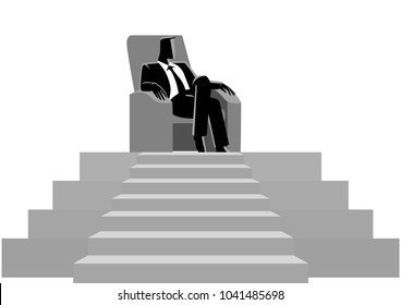 Business concept illustration of a businessman sitting with comforts in the sofa on top of a stage