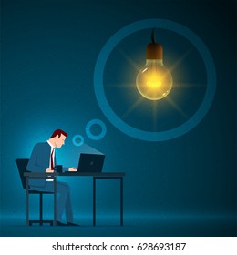 Business concept illustration. Businessman sitting and working with laptop. Thinking with about new opportunities. Elements are layered separately in vector file. 