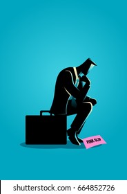 Business concept illustration of a businessman sitting on suitcase sadly because got a pink slip