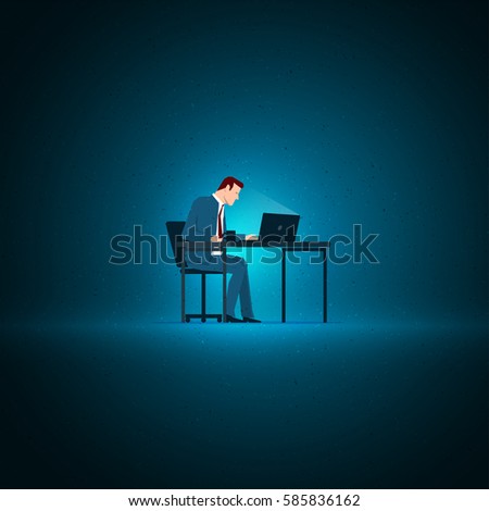Business concept illustration. Businessman sitting and working with laptop. Elements are layered separately in vector file. 