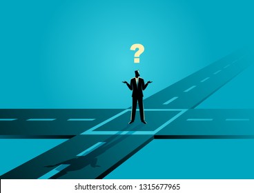 Business concept illustration of a businessman standing at the intersection or crossroads, confused, uncertainty, making choice concept
