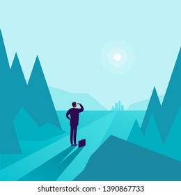 Business concept illustration with businessman standing at forest edge and watching on horizon city. Metaphor for new aims, goals, purpose, achievements and aspirations, motivation, overcoming.