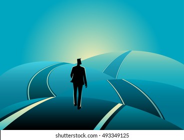 Business concept illustration of a businessman standing on the asphalt road over the hills