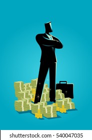 Business concept illustration of a businessman standing with a lot of money underneath him.