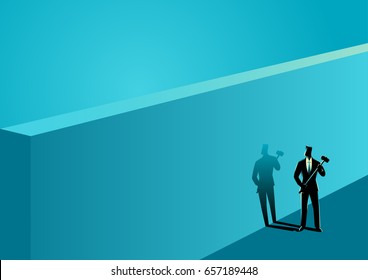 Business concept illustration of a businessman standing near wall with a hammer