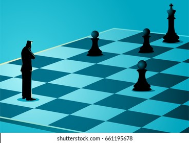 Business concept illustration of a businessman standing while thinking on chessboard, business idiom for game plan