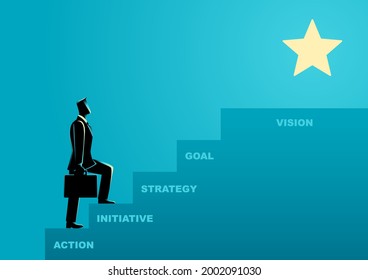 Business concept illustration of a businessman steps on stairs to success