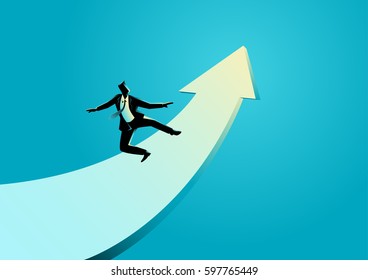 Business concept illustration of a businessman surfing on the rising arrow