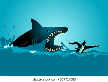 Business concept illustration of a businessman swimming panic avoiding shark attacks