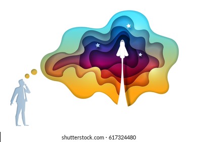 Business concept illustration. Businessman is thinking about start up project symbol launching rocket. Paper art style vector illustration. Elements are layered separately in vector file. 