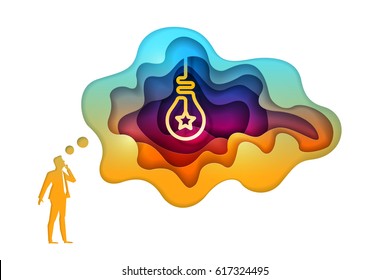 Business concept illustration. Businessman is thinking about new bright and different idea. Paper art style vector illustration. Elements are layered separately in vector file. 