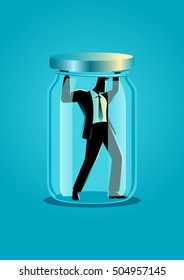 Business concept illustration of a businessman trapped in a jar