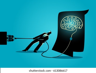 Business concept illustration of a businessman trying to unplug the brain, sabotage, killing creativity concept