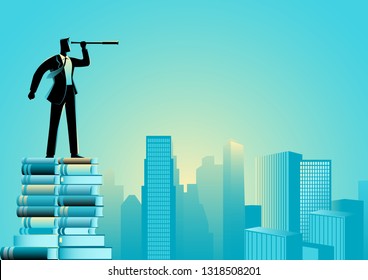 Business concept illustration of a businessman using telescope standing on pile of books looking at cityscape