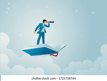 Business Concept Illustration Of Businessman Using Telescope On Flying Book, Knowledge, References, Opportunity, Vision In Business. Vector Illustration. Flat Cartoon Design.