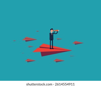 Business concept illustration of businessman using telescope on paper plane, opportunity, vision in business stock illustration