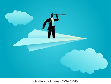 Business Concept Illustration Of Businessman Using Telescope On Paper Plane, Opportunity, Vision In Business