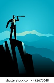 Business concept illustration of businessman using telescope on top of the mountain