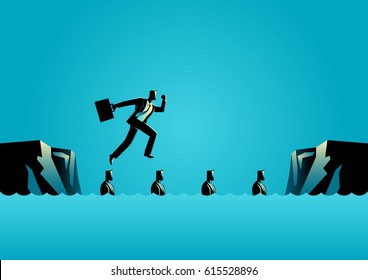 Business concept illustration of a businessman using his friends as stepping stones