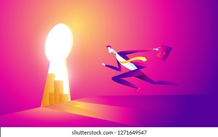 Business concept illustration of a businessman walking into keyhole with dollar icon.