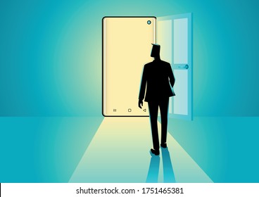 Business concept illustration of a businessman walking into a smart phone. Modern technology, digital, online business opportunities