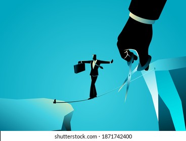 Business concept illustration of a businessman walking on rope over a ravine, meanwhile a giant hand with scissors is cutting the rope