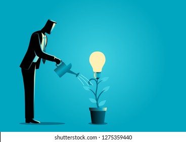 Business concept illustration of a businessman watering young plant with light bulb on it. Creating ideas, business creative idea, business growth concept