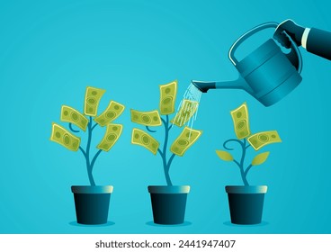 Business concept illustration of a businessman watering plant with dollar leaves. Investment, business growth concept