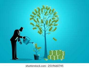 Ilustração de conceito de negócio de um homem de negócios regando planta com folhas de dinheiro. Efeito composto, Investimento, conceito de crescimento dos negócios