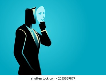 Business concept illustration of businessman wearing smiling face mask, dissemblance, pretend, falsity concept