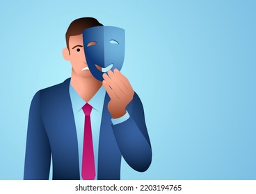 Business concept illustration of businessman wearing smiling face mask, dissemblance, pretend, hypocrite, falsity concept