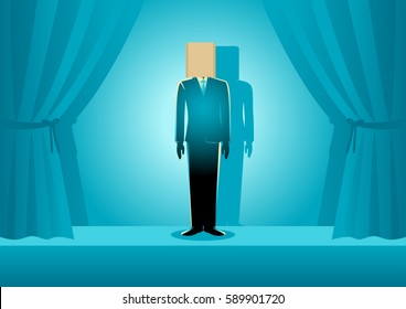 Business concept illustration of a businessman wearing paper bag on his head on the stage, embarrassment, ashamed, bad performance, failure concept