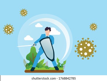 business concept illustration of businessman who fight against viruses with sword and shield. vector illustration. flat cartoon design.