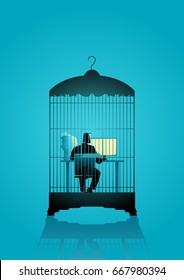 Business concept illustration of a businessman working on computer in the bird cage 