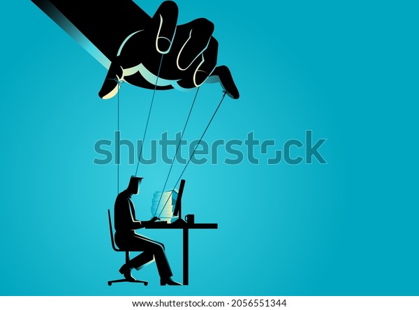 Business concept illustration of\
businessman working and being controlled by puppet\
master