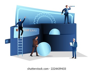 Business concept illustration of businessmen arranging money in giant wallet, treasury, cash and credit, money management concept