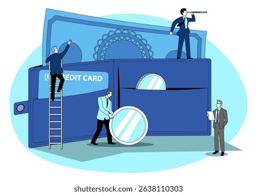 Business concept illustration of businessmen arranging money in giant wallet, treasury, cash and credit, money management concept