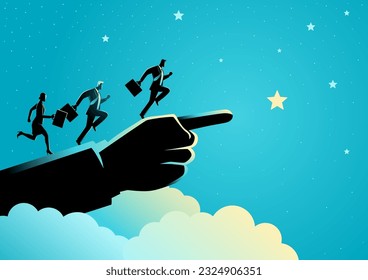 Business concept illustration of businessmen and a businesswoman running on giant hand pointing to the stars, leadership, motivation in business