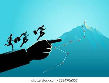 Business Concept Illustration von Geschäftsleuten und einer Geschäftsfrau, die auf Riesenhand auf den Berg, die Führung, die Motivation im Geschäftsleben zeigt