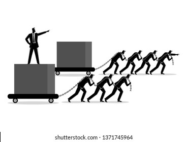 Business concept illustration of businessmen dragging a big box, leading the race against slower group. Winning strategy, efficiency, the difference between leader and boss.