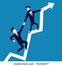 Business concept illustration of businessmen helping each other on top of graphic chart