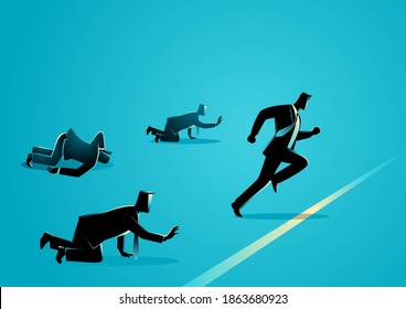 Business concept illustration of businessmen racing, reaching finish line