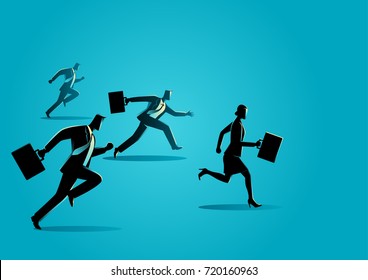 Business concept illustration of businessmen racing with businesswoman