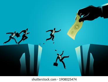 Business concept illustration of businessmen trying to reach the money hold by giant hand separated by a ravine