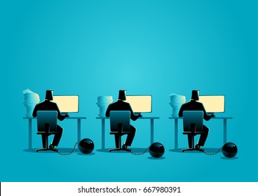 Business concept illustration of businessmen working on computers chained into iron ball