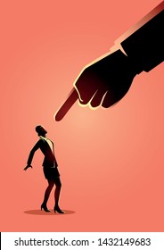 Business concept illustration of a businesswoman being pointed by giant finger